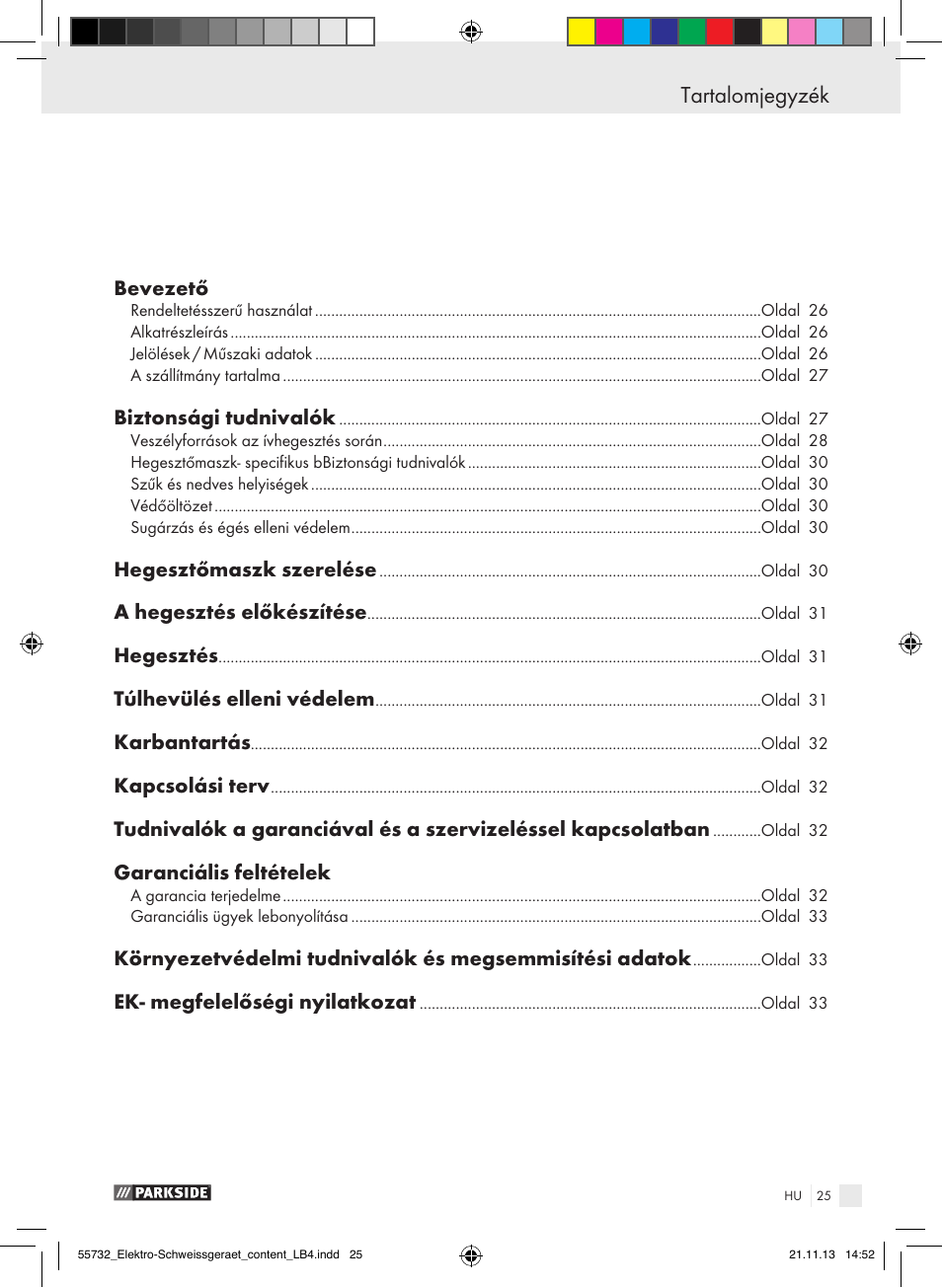 Tartalomjegyzék | Parkside PESG 120 A1 User Manual | Page 25 / 75