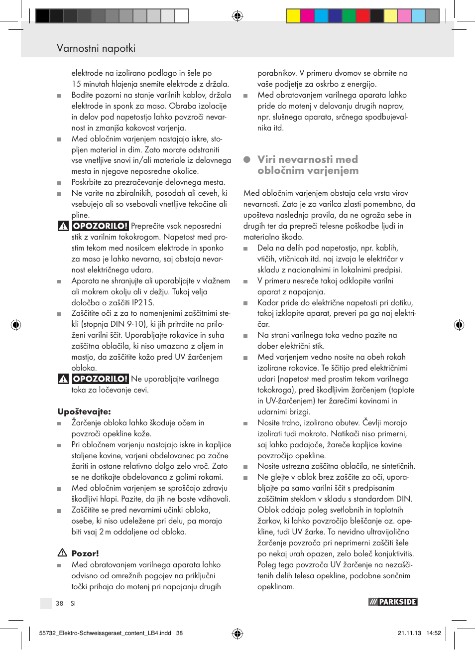 Varnostni napotki, Viri nevarnosti med obločnim varjenjem | Parkside PESG 120 A1 User Manual | Page 38 / 75