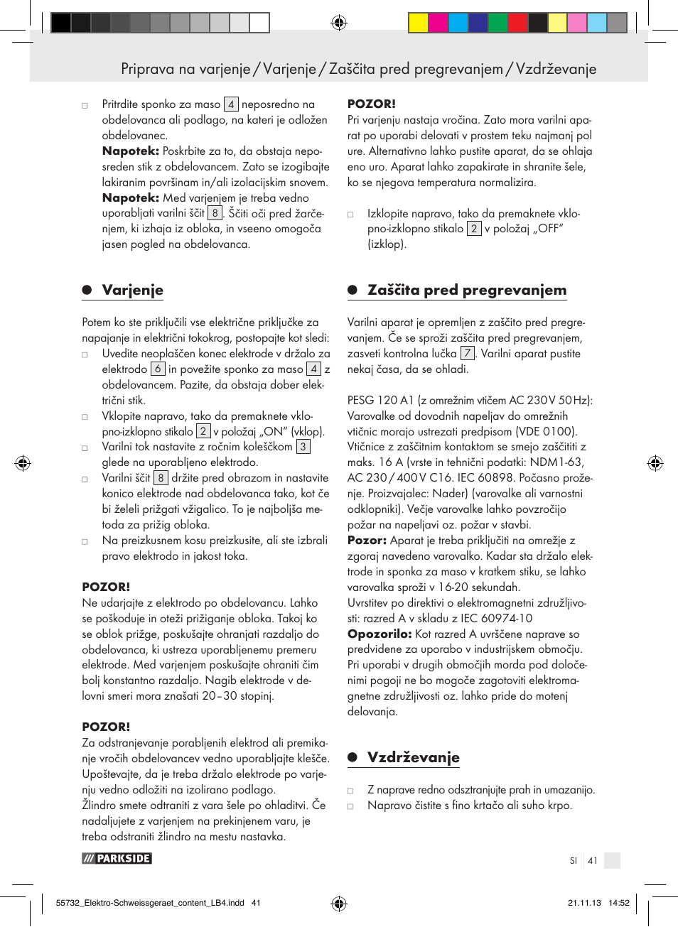 Varjenje, Zaščita pred pregrevanjem, Vzdrževanje | Parkside PESG 120 A1 User Manual | Page 41 / 75