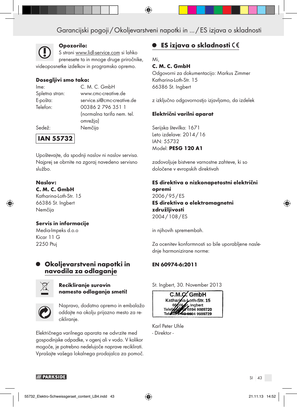 Okoljevarstveni napotki in navodila za odlaganje, Es izjava o skladnosti | Parkside PESG 120 A1 User Manual | Page 43 / 75