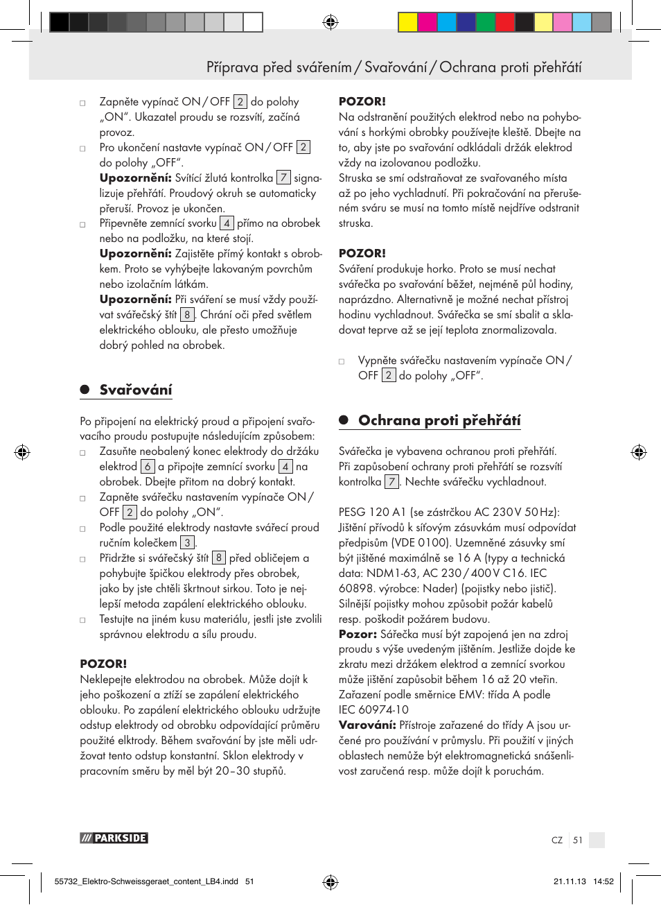 Svařování, Ochrana proti přehřátí | Parkside PESG 120 A1 User Manual | Page 51 / 75