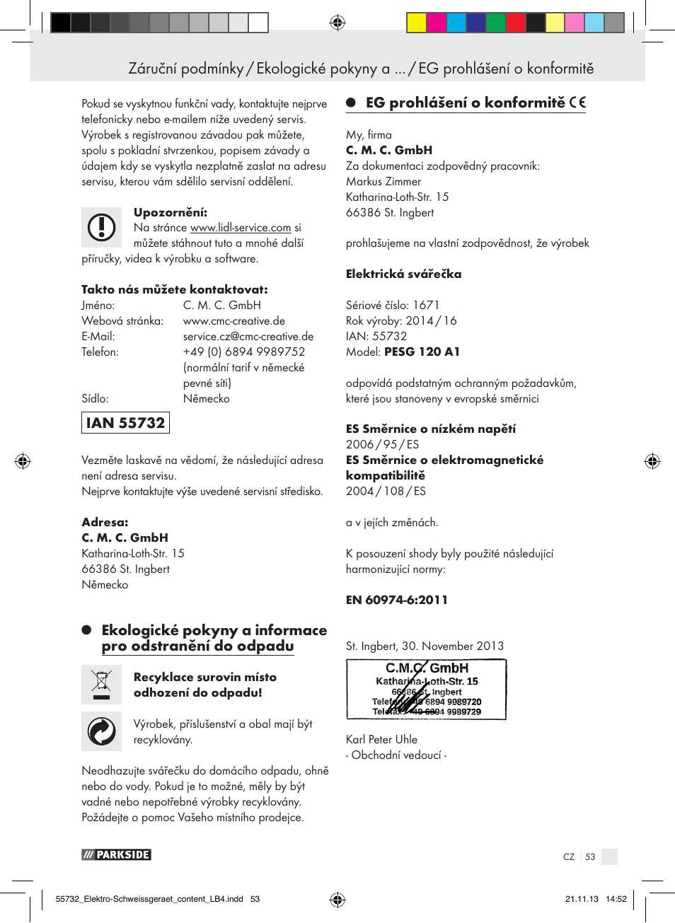 Eg prohlášení o konformitě | Parkside PESG 120 A1 User Manual | Page 53 / 75