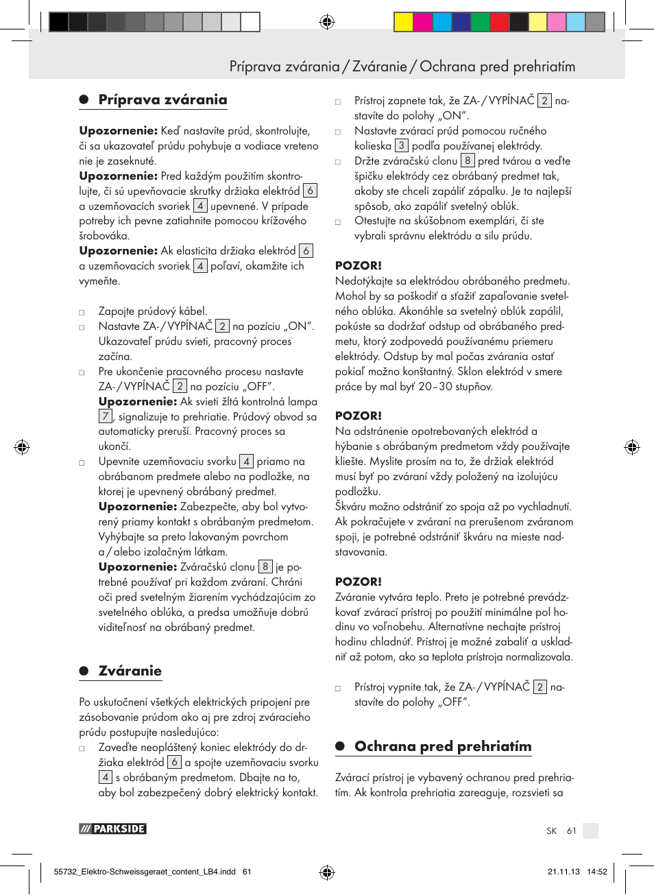 Príprava zvárania, Zváranie, Ochrana pred prehriatím | Parkside PESG 120 A1 User Manual | Page 61 / 75