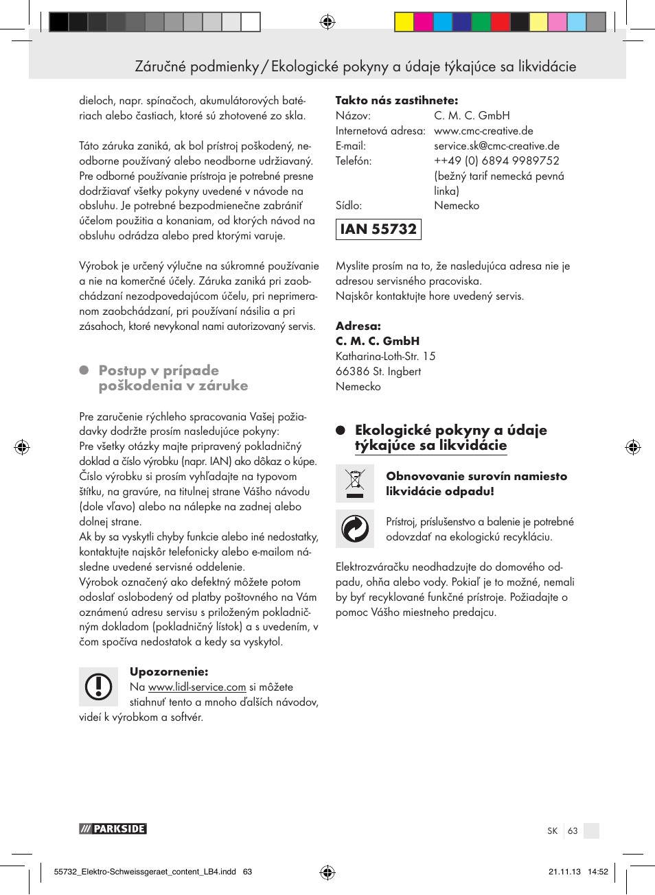 Postup v prípade poškodenia v záruke, Ekologické pokyny a údaje týkajúce sa likvidácie | Parkside PESG 120 A1 User Manual | Page 63 / 75