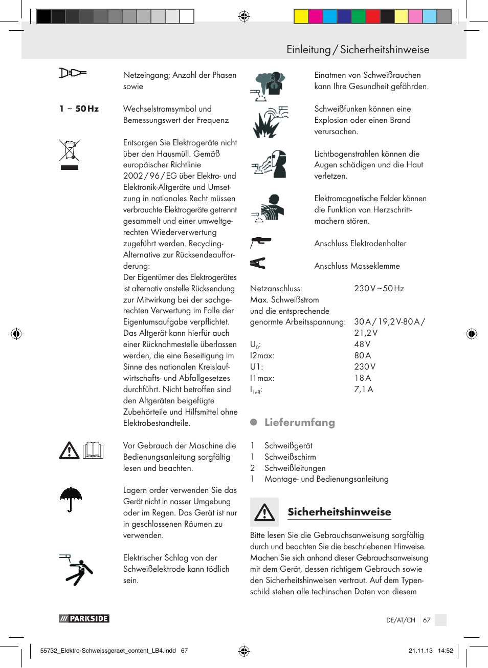 Einleitung, Einleitung / sicherheitshinweise, Lieferumfang | Sicherheitshinweise | Parkside PESG 120 A1 User Manual | Page 67 / 75