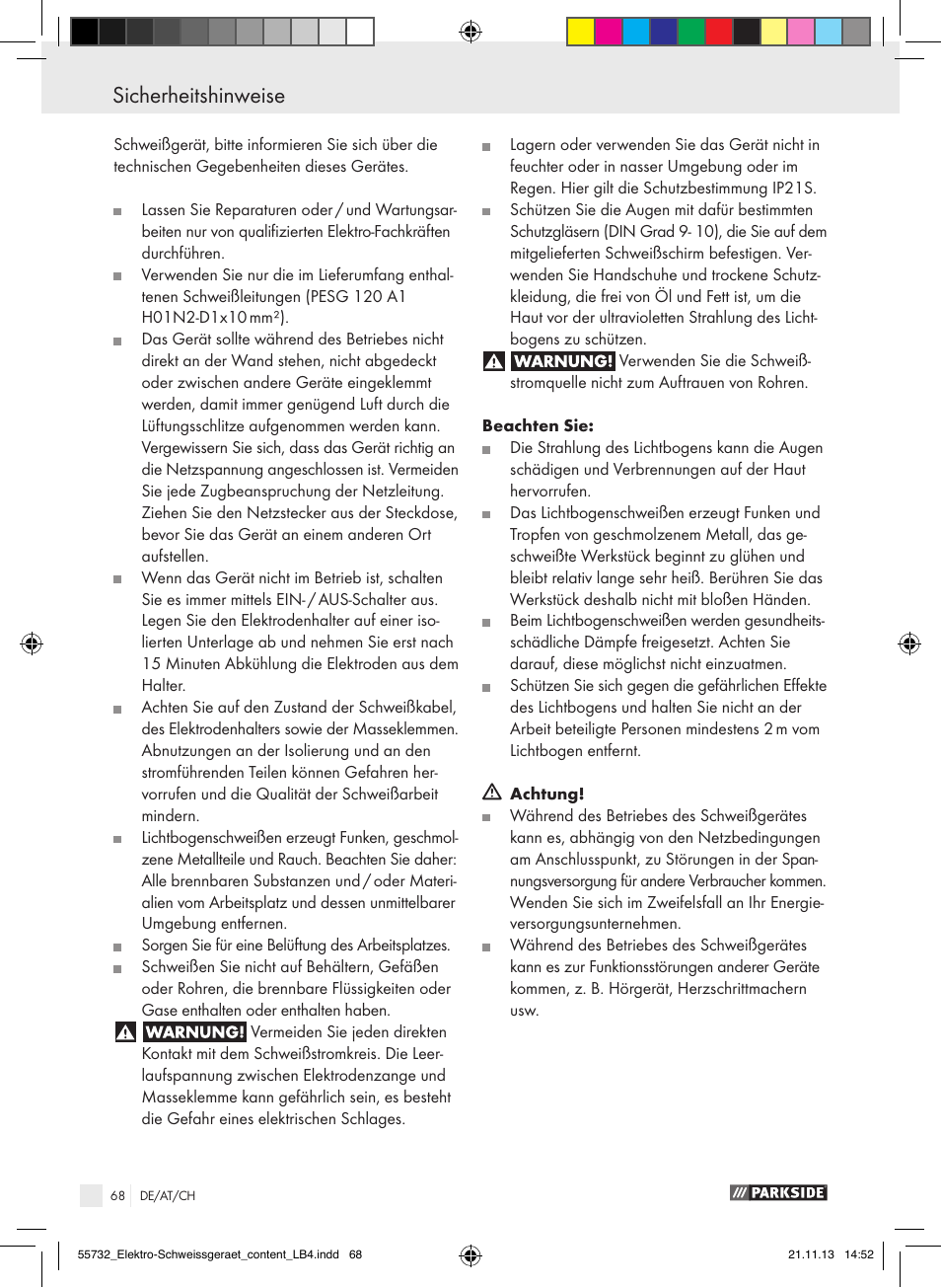 Sicherheitshinweise | Parkside PESG 120 A1 User Manual | Page 68 / 75