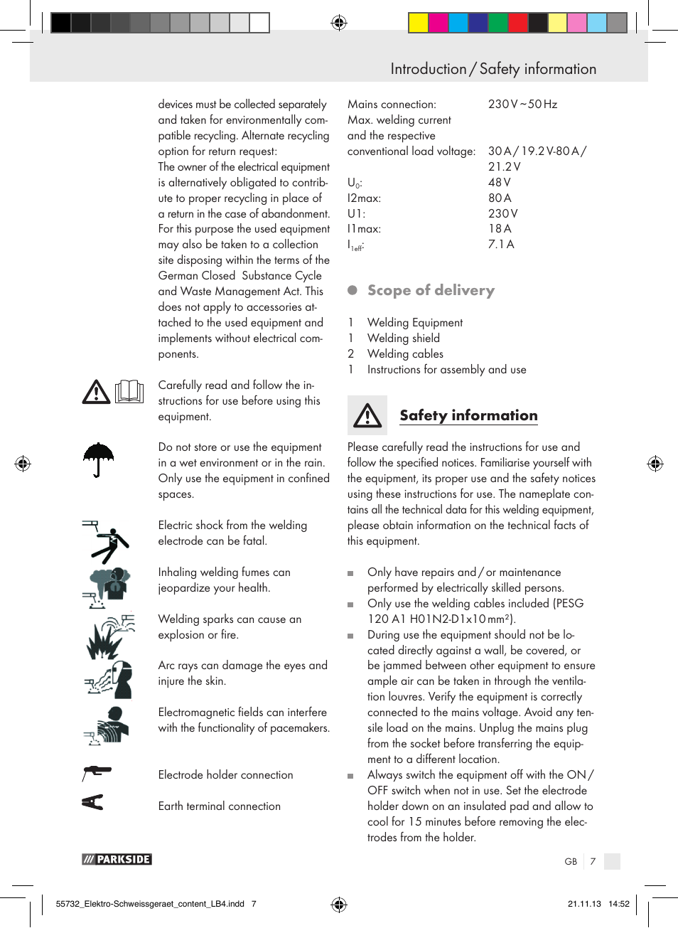 Introduction / safety information introduction, Scope of delivery, Safety information | Parkside PESG 120 A1 User Manual | Page 7 / 75