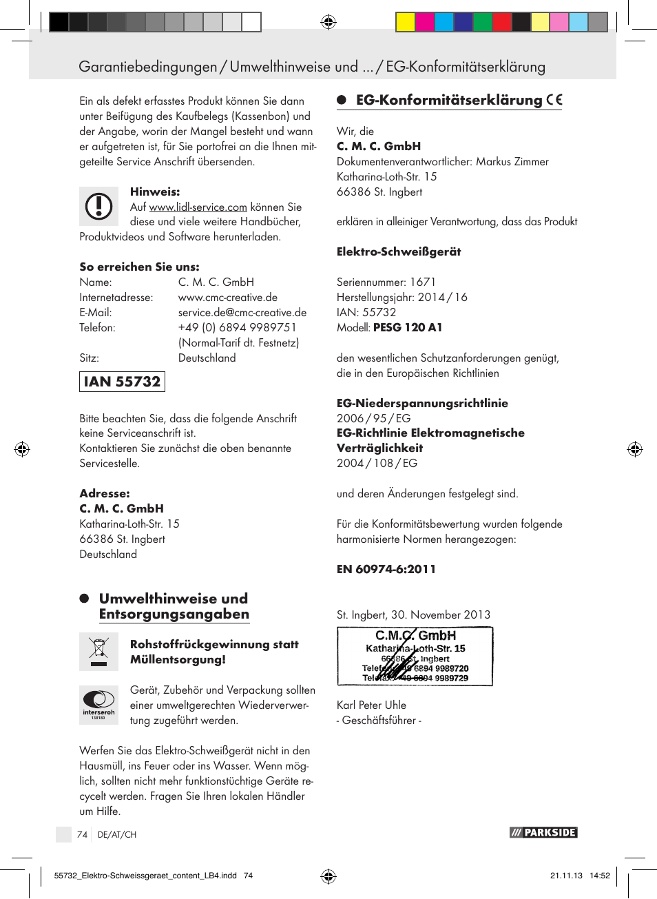 Umwelthinweise und entsorgungsangaben, Eg-konformitätserklärung | Parkside PESG 120 A1 User Manual | Page 74 / 75