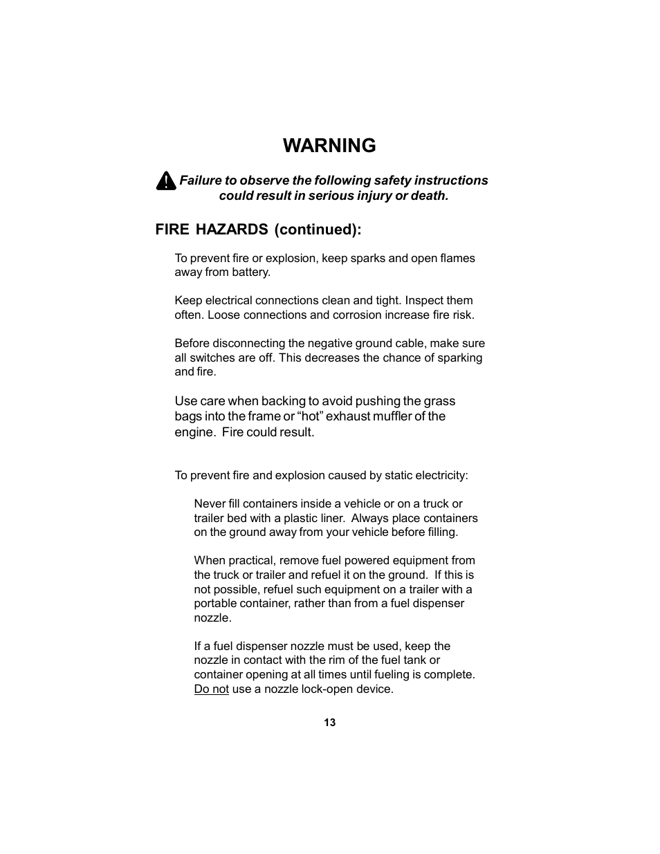 Warning | Dixon 17823-106 User Manual | Page 13 / 56