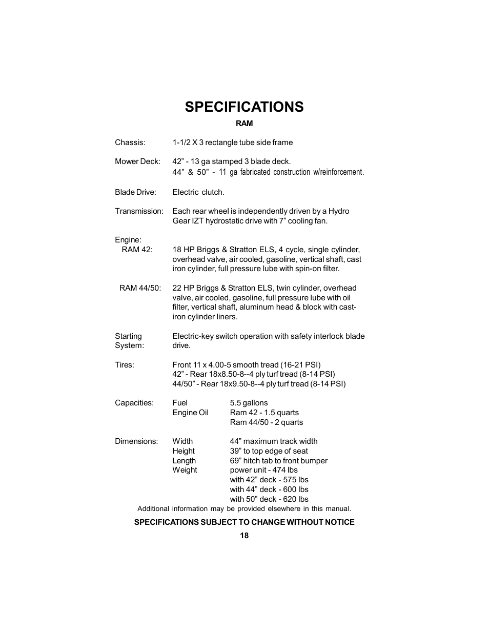 Specifications | Dixon 17823-106 User Manual | Page 18 / 56