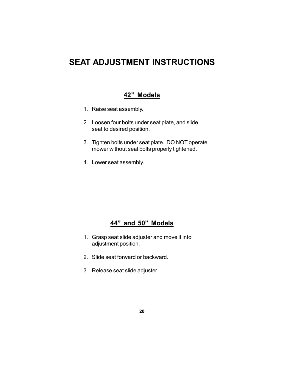 Seat adjustment instructions | Dixon 17823-106 User Manual | Page 20 / 56