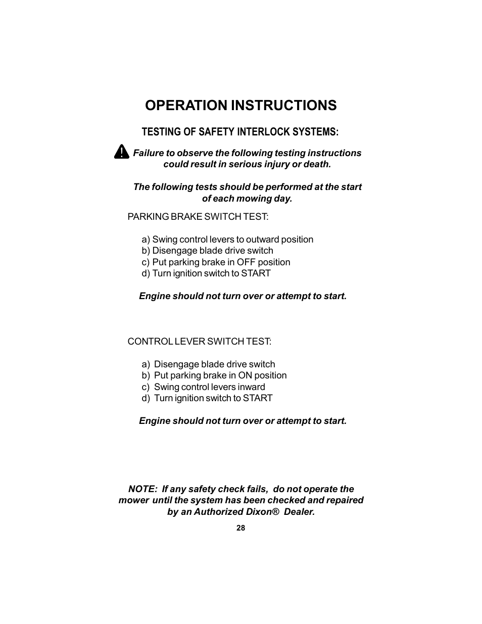 Operation instructions | Dixon 17823-106 User Manual | Page 28 / 56