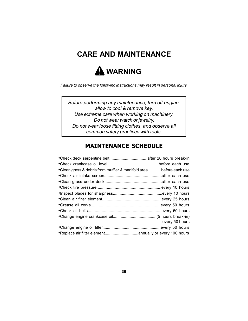 Care and maintenance, Warning, Maintenance schedule | Dixon 17823-106 User Manual | Page 36 / 56