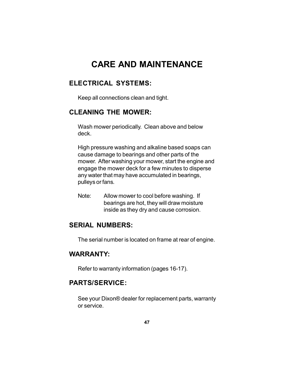 Care and maintenance | Dixon 17823-106 User Manual | Page 47 / 56