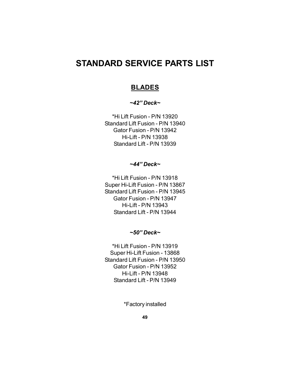 Standard service parts list | Dixon 17823-106 User Manual | Page 49 / 56