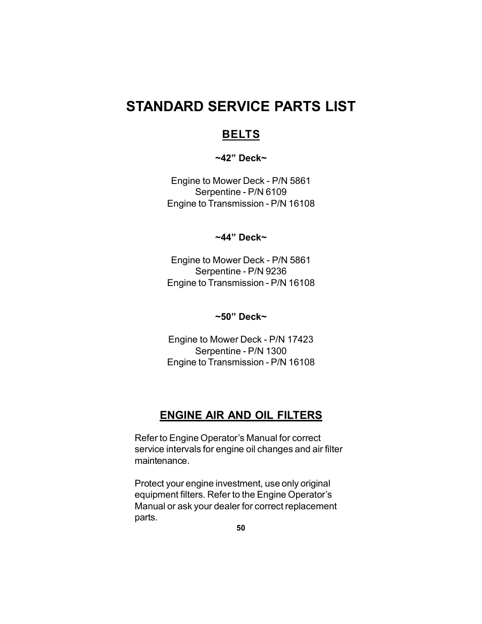 Standard service parts list | Dixon 17823-106 User Manual | Page 50 / 56