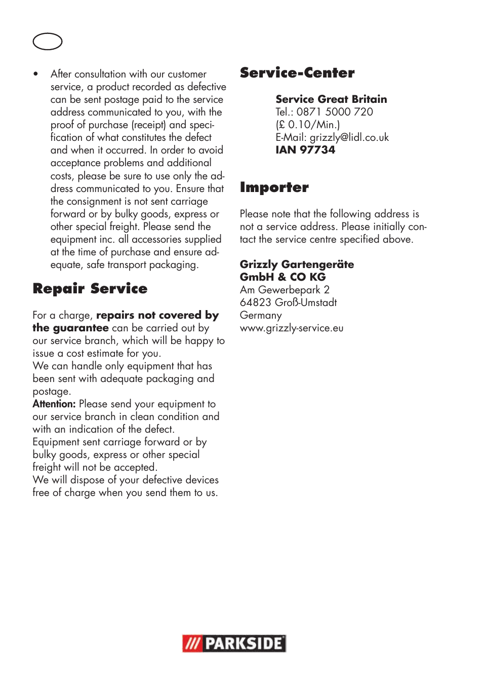 Repair service, Service-center, Importer | Parkside PNTS 1500 B3 User Manual | Page 16 / 100