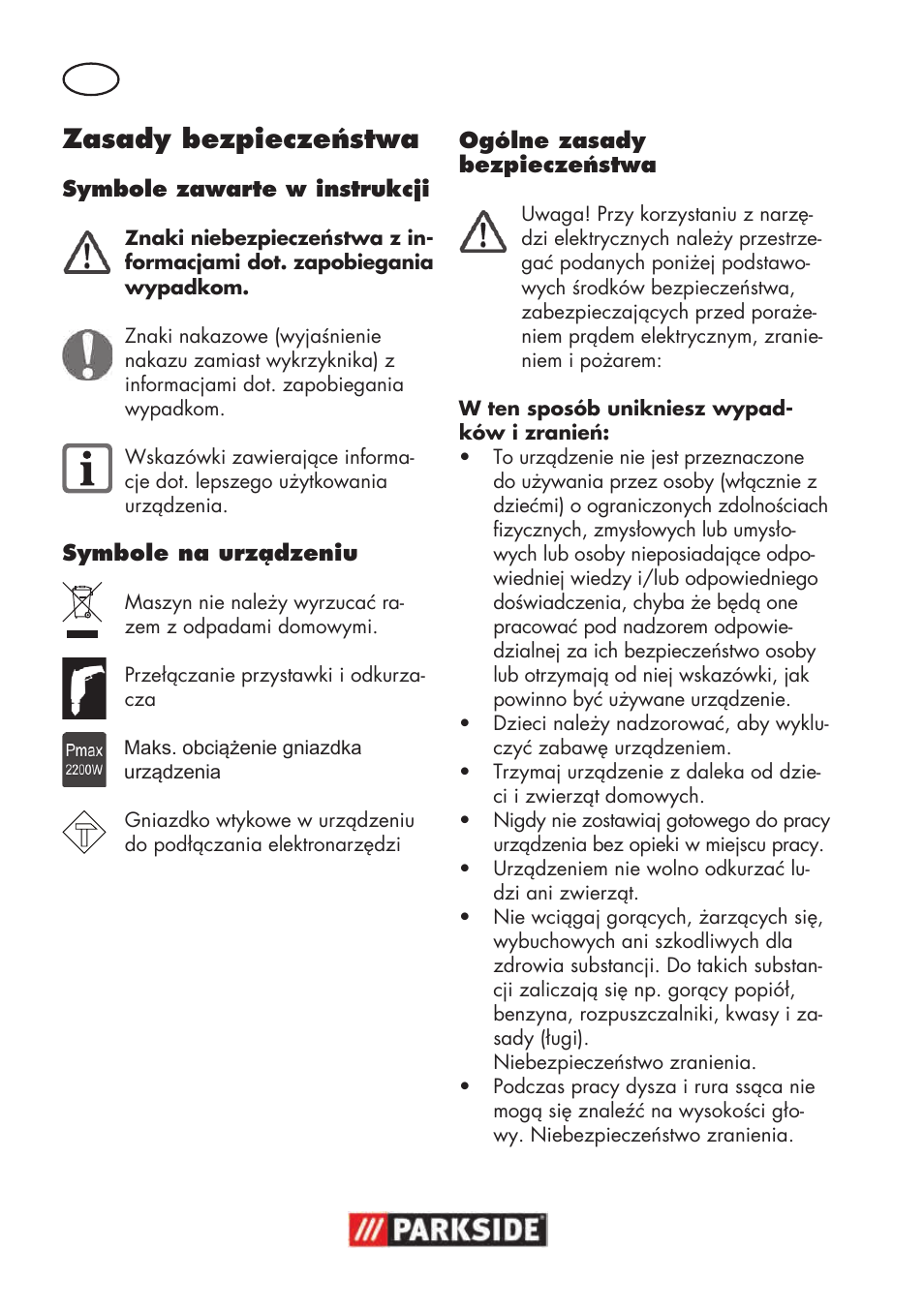 Zasady bezpieczeństwa | Parkside PNTS 1500 B3 User Manual | Page 20 / 100