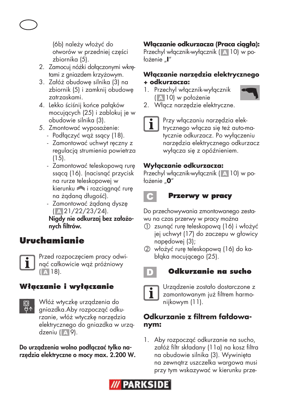 Uruchamianie | Parkside PNTS 1500 B3 User Manual | Page 22 / 100