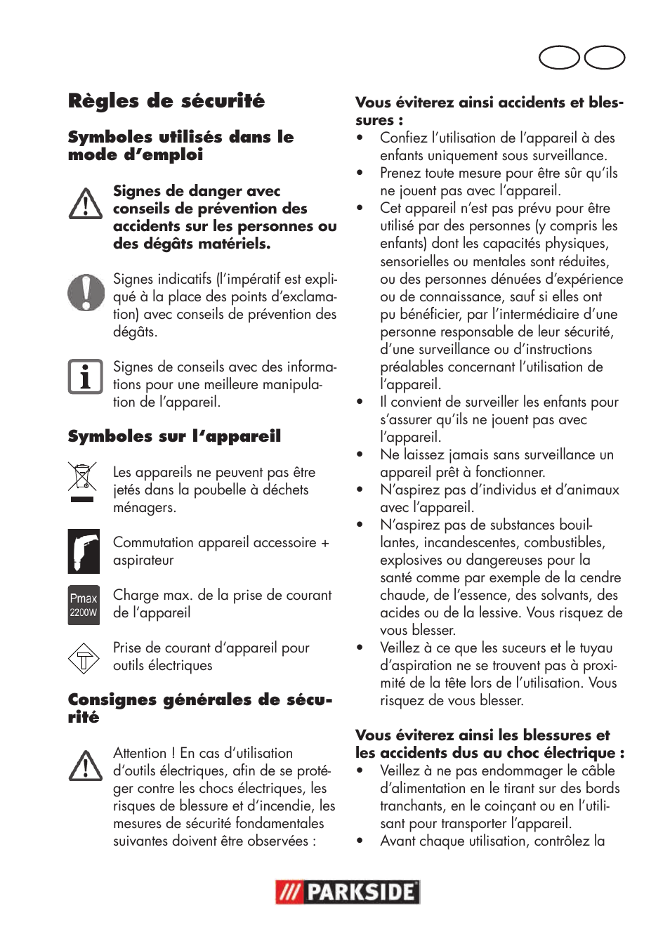 Règles de sécurité, Fr be | Parkside PNTS 1500 B3 User Manual | Page 57 / 100