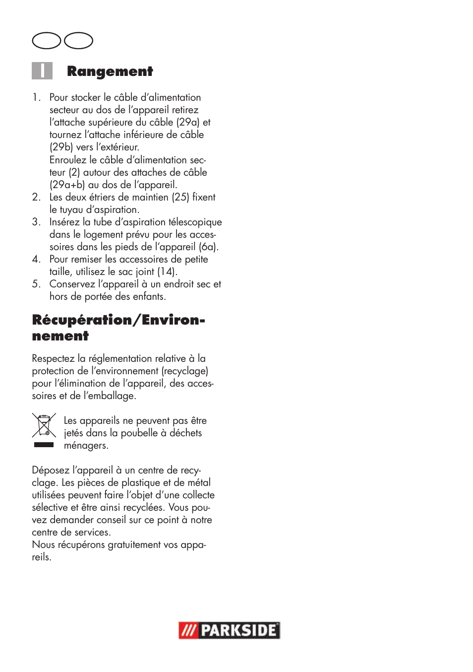 Rangement, Récupération/environ- nement | Parkside PNTS 1500 B3 User Manual | Page 62 / 100