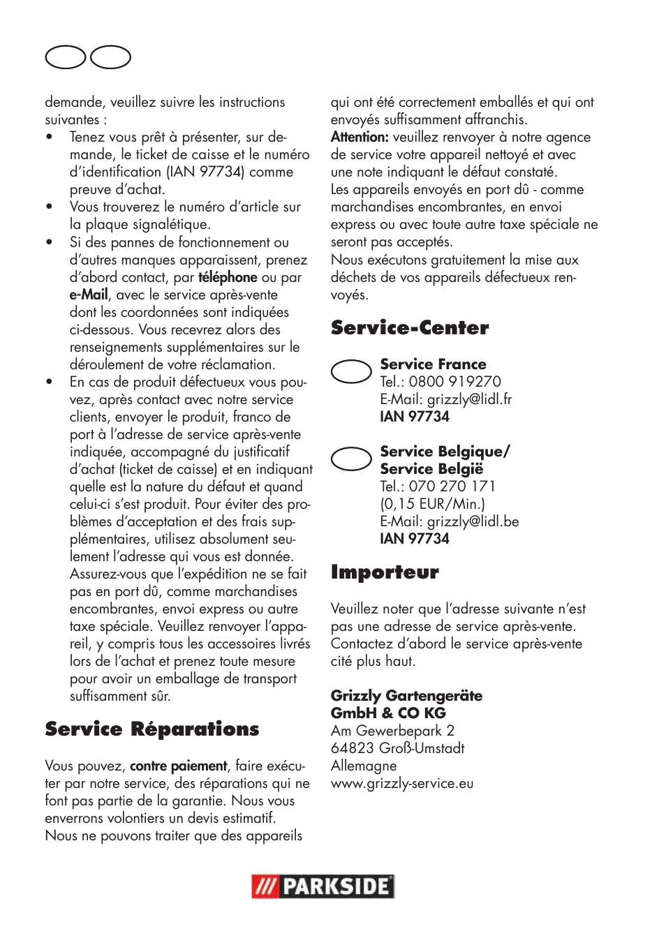 Service réparations, Service-center, Importeur | Fr be | Parkside PNTS 1500 B3 User Manual | Page 66 / 100