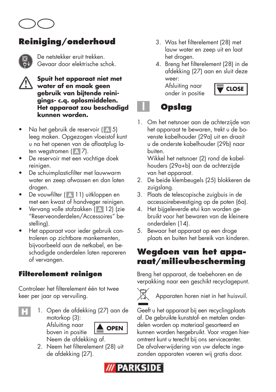 Reiniging/onderhoud, Opslag, Wegdoen van het appa- raat/milieubescherming | Nl be | Parkside PNTS 1500 B3 User Manual | Page 74 / 100