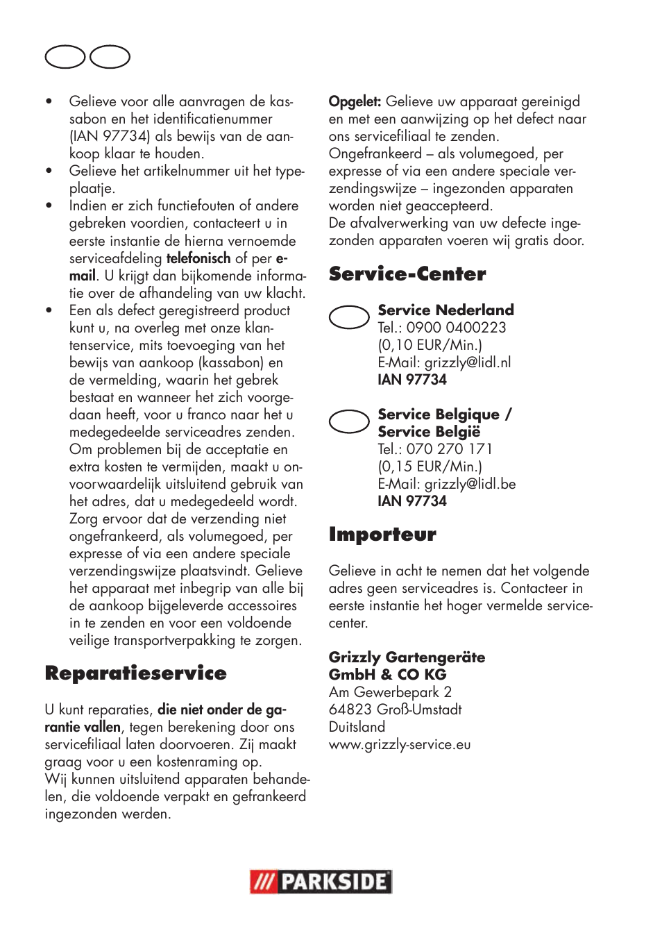 Reparatieservice, Service-center, Importeur | Nl be | Parkside PNTS 1500 B3 User Manual | Page 78 / 100