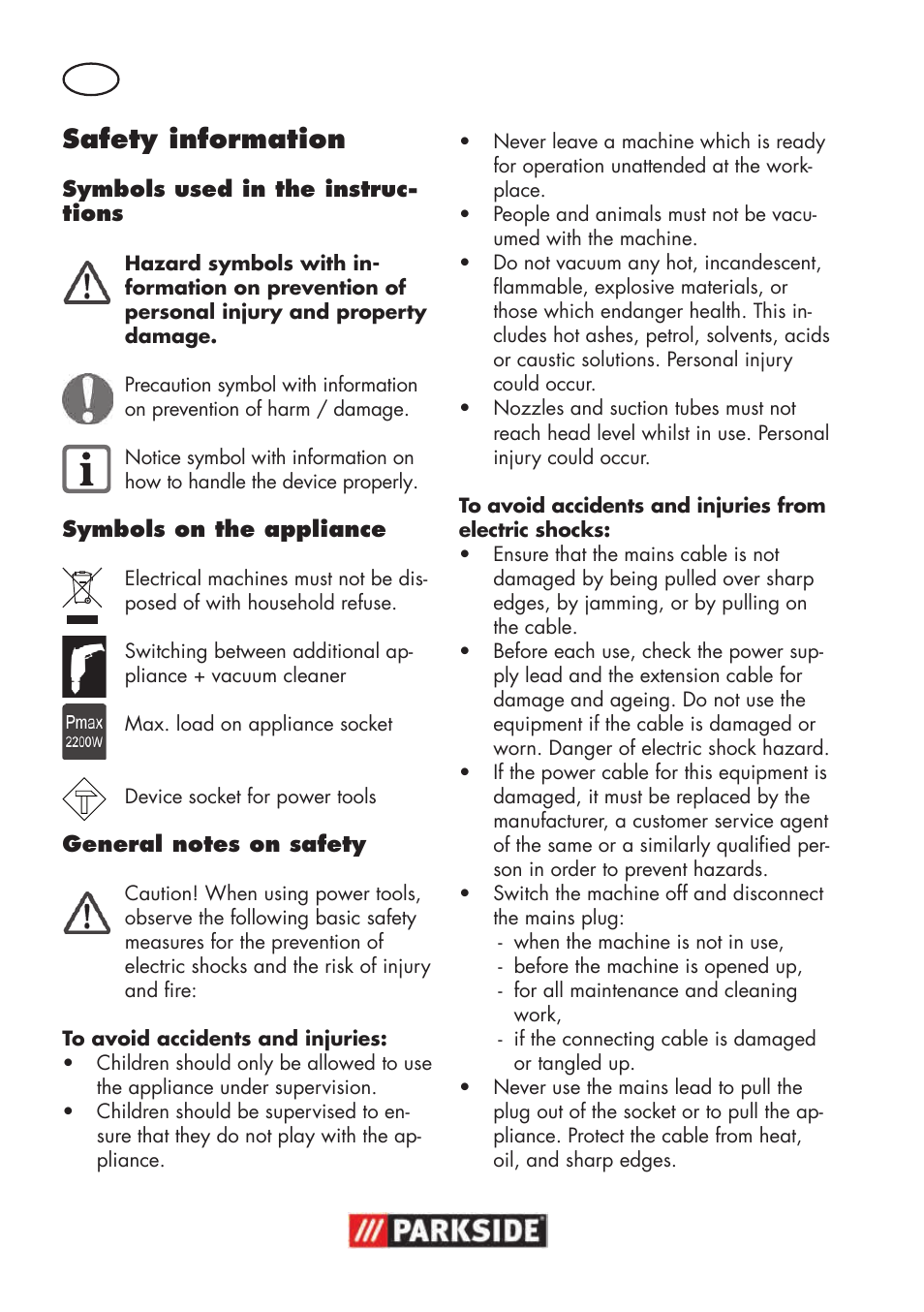 Safety information | Parkside PNTS 1500 B3 User Manual | Page 8 / 100