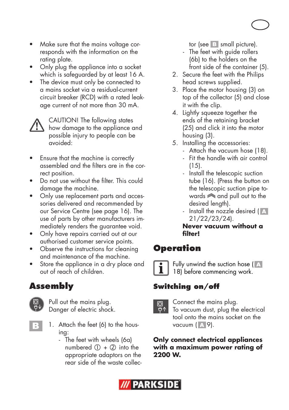 Assembly, Operation | Parkside PNTS 1500 B3 User Manual | Page 9 / 100
