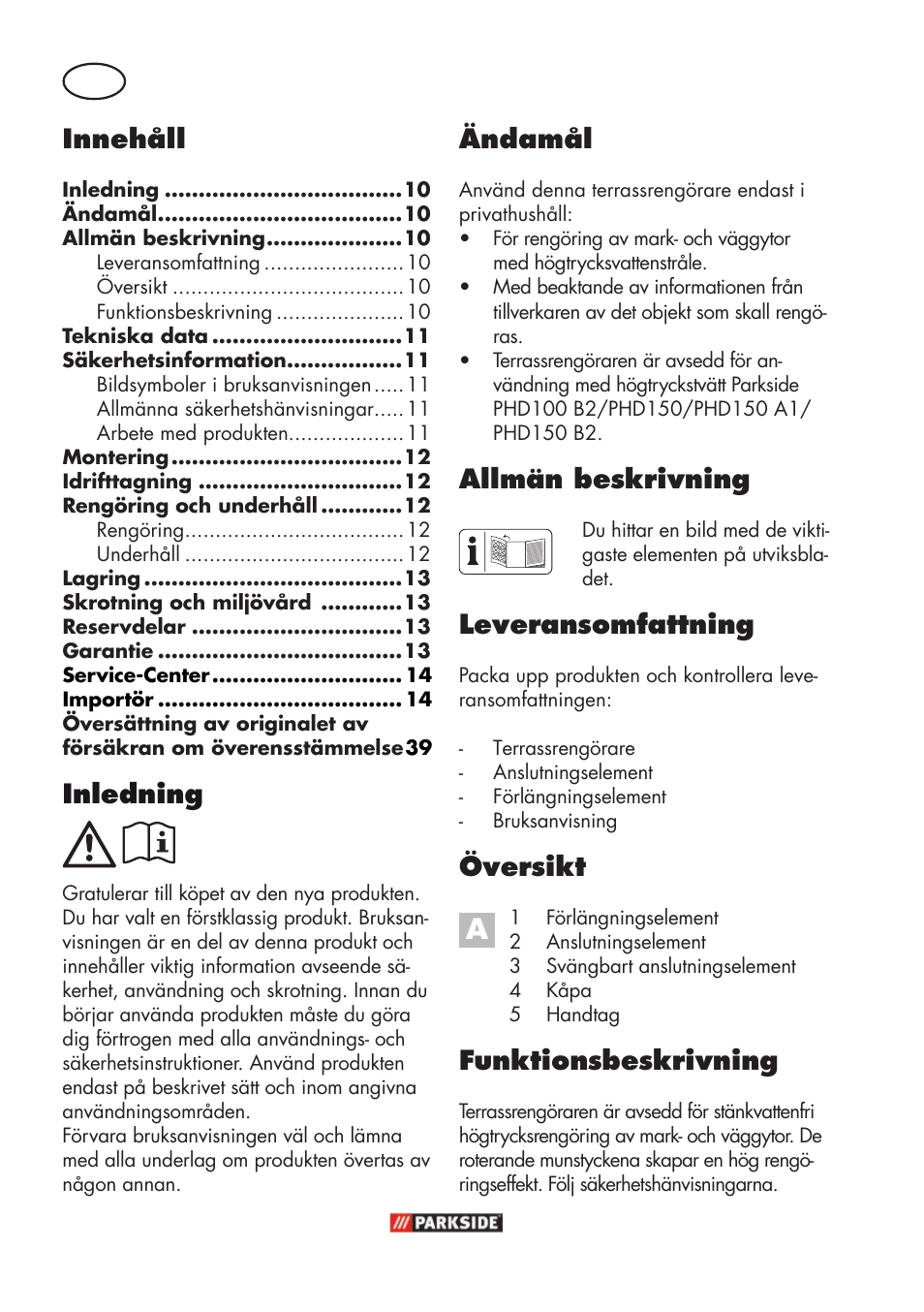 Ändamål, Allmän beskrivning, Leveransomfattning | Översikt, Funktionsbeskrivning, Inledning, Innehåll | Parkside PFR 30 A1 User Manual | Page 10 / 42