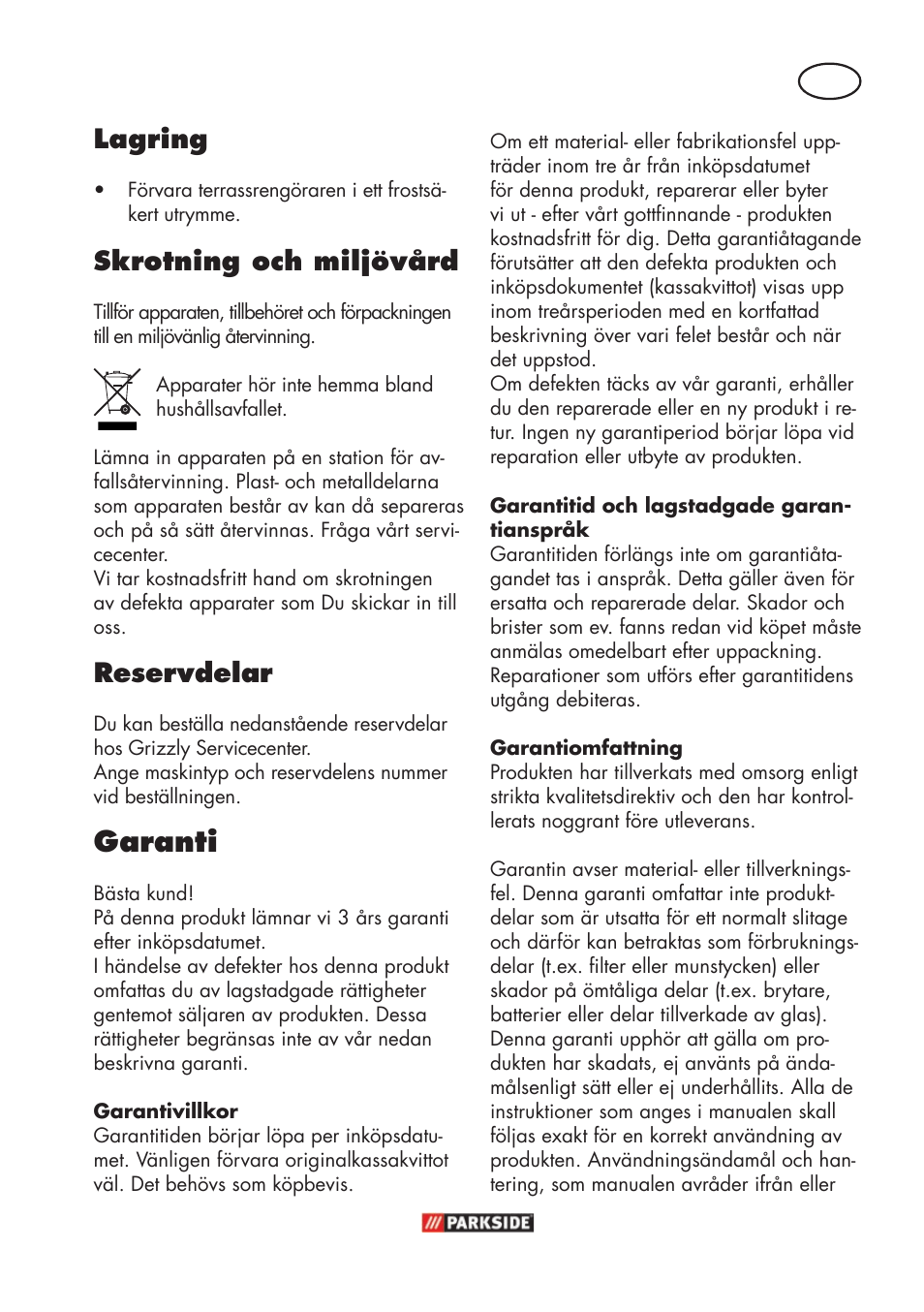 Garanti, Lagring, Skrotning och miljövård | Reservdelar | Parkside PFR 30 A1 User Manual | Page 13 / 42