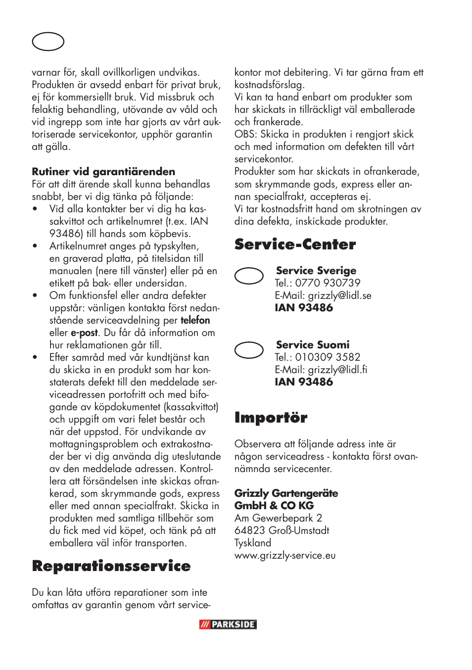 Reparationsservice, Service-center, Importör | Se fi | Parkside PFR 30 A1 User Manual | Page 14 / 42