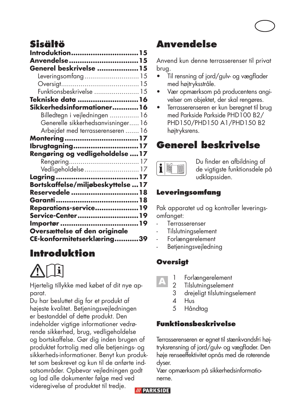 Anvendelse, Generel beskrivelse, Introduktion | Sisältö | Parkside PFR 30 A1 User Manual | Page 15 / 42