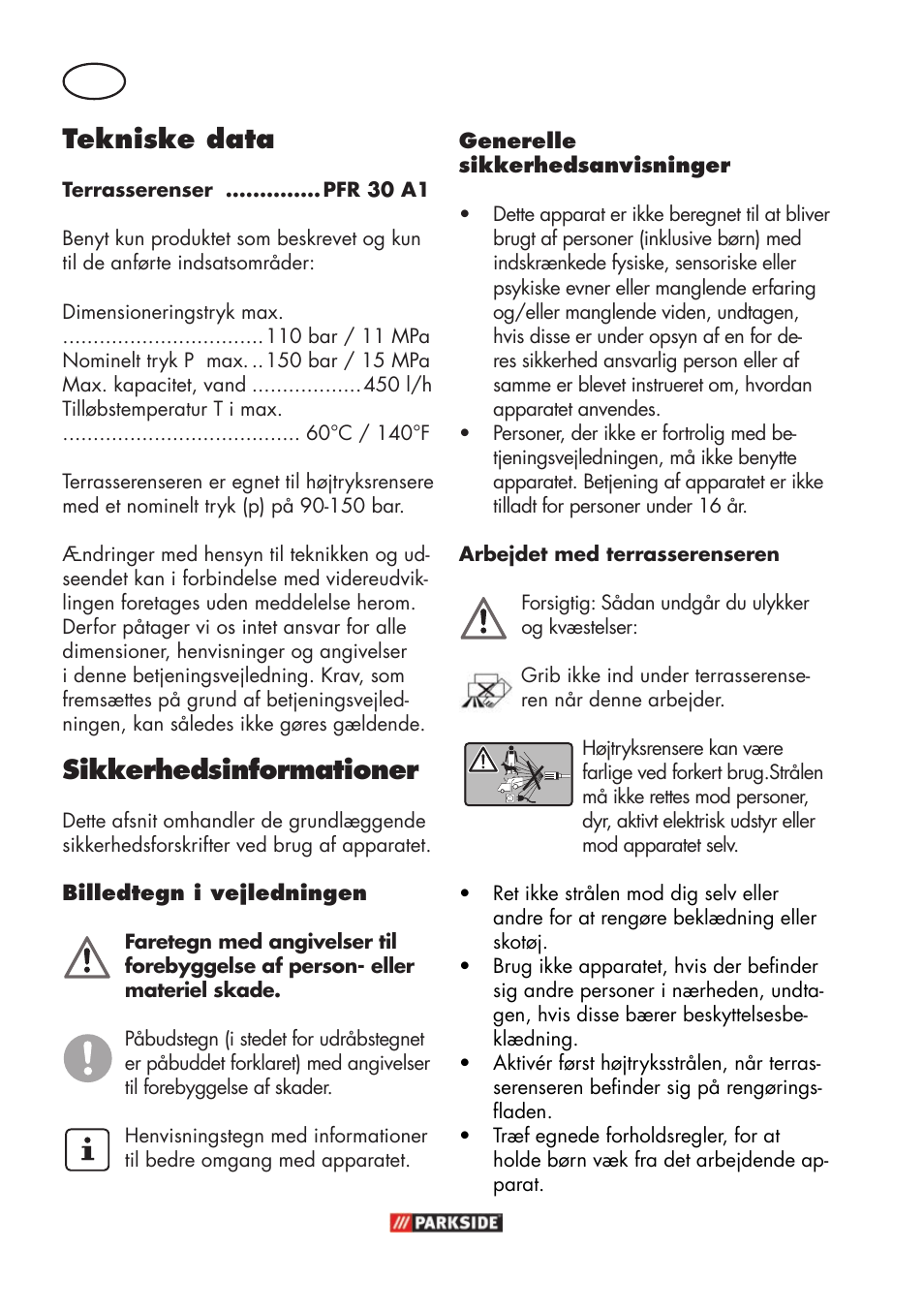 Tekniske data, Sikkerhedsinformationer | Parkside PFR 30 A1 User Manual | Page 16 / 42