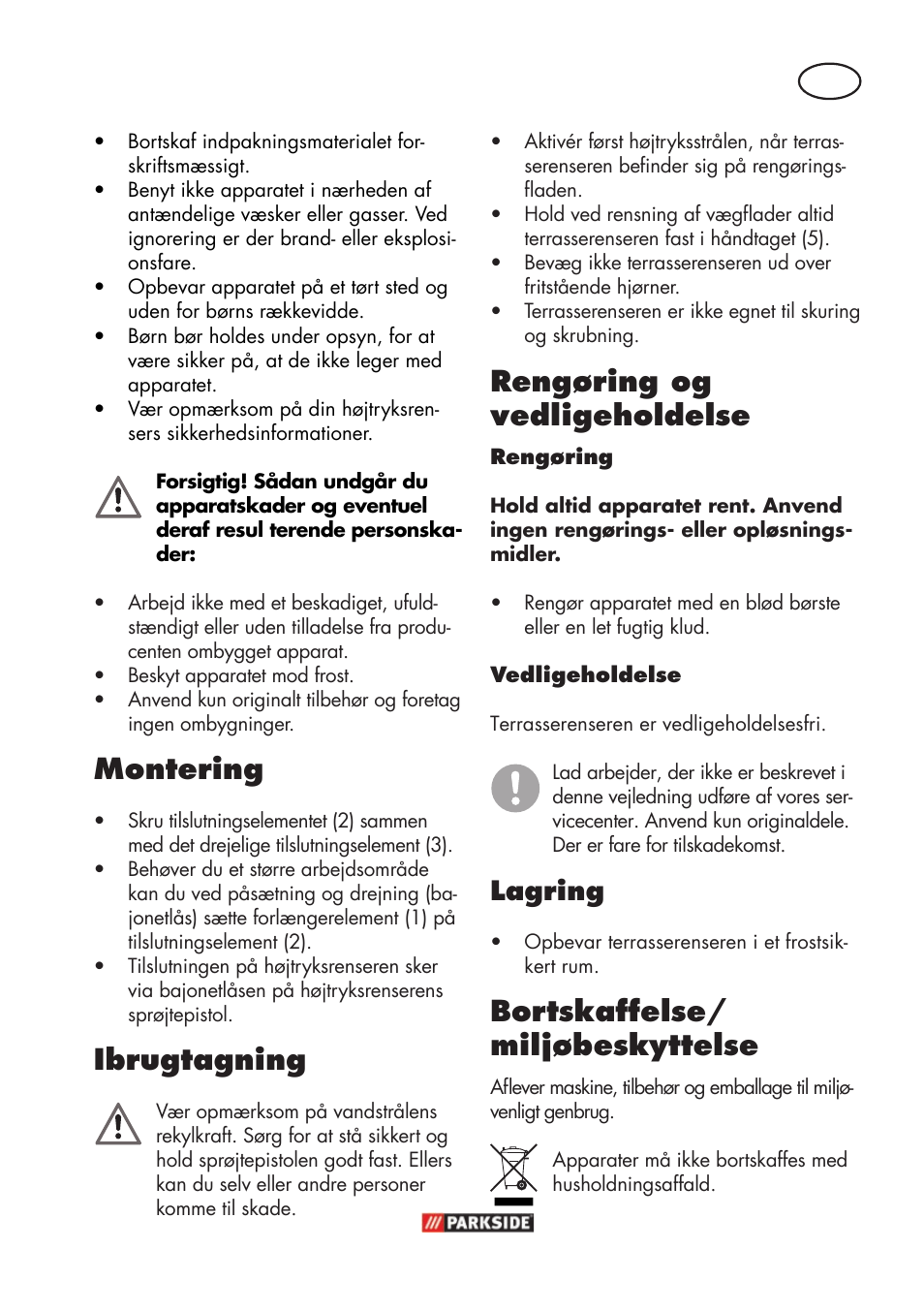 Montering, Ibrugtagning, Rengøring og vedligeholdelse | Bortskaffelse/ miljøbeskyttelse, Lagring | Parkside PFR 30 A1 User Manual | Page 17 / 42