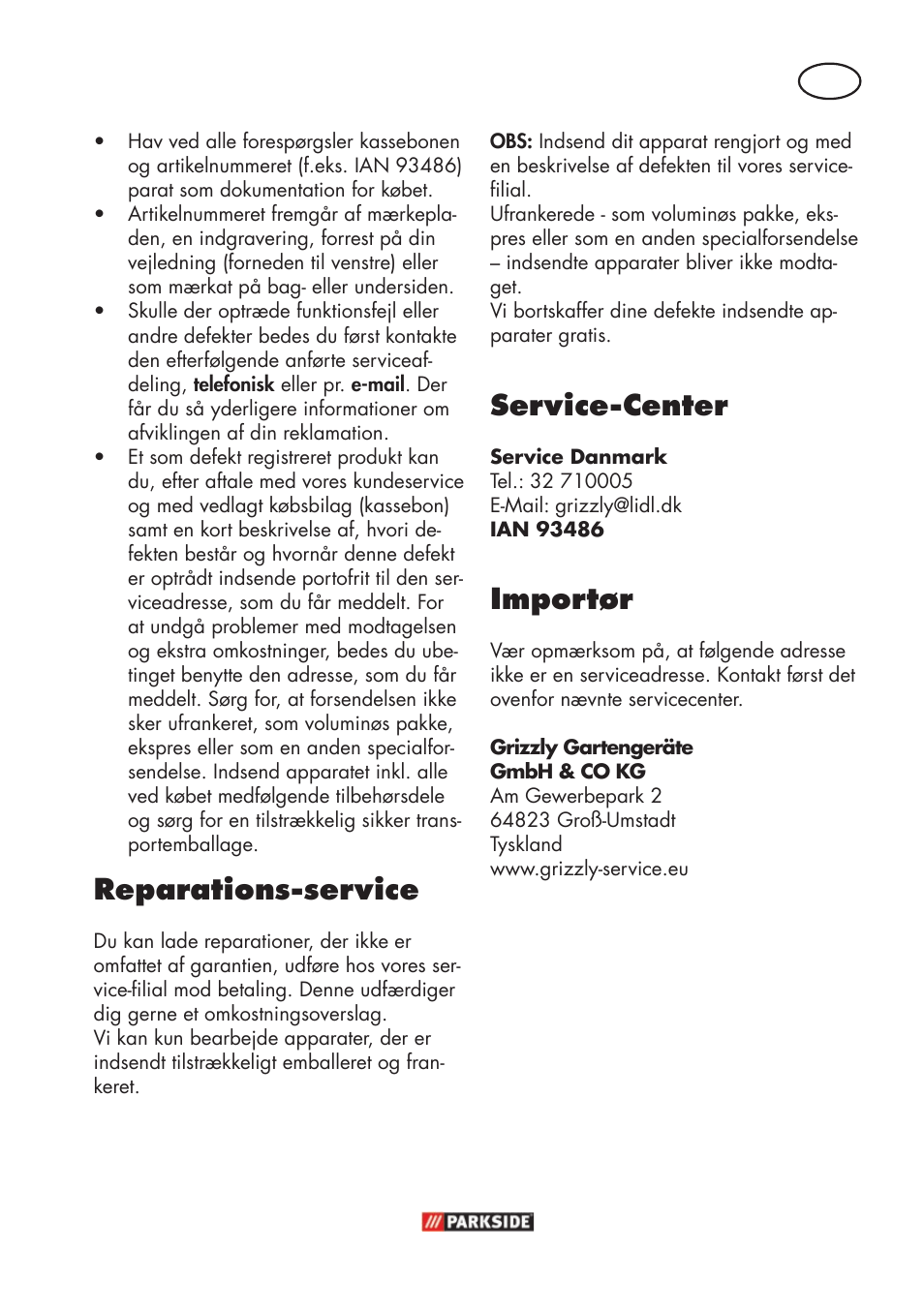 Reparations-service, Service-center, Importør | Parkside PFR 30 A1 User Manual | Page 19 / 42