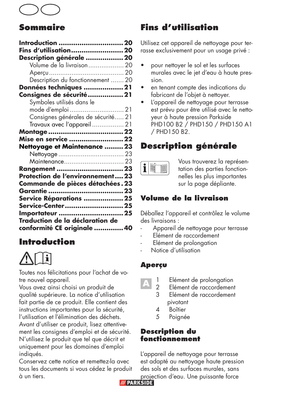 Be fr fins d’utilisation, Description générale, Introduction | Sommaire | Parkside PFR 30 A1 User Manual | Page 20 / 42