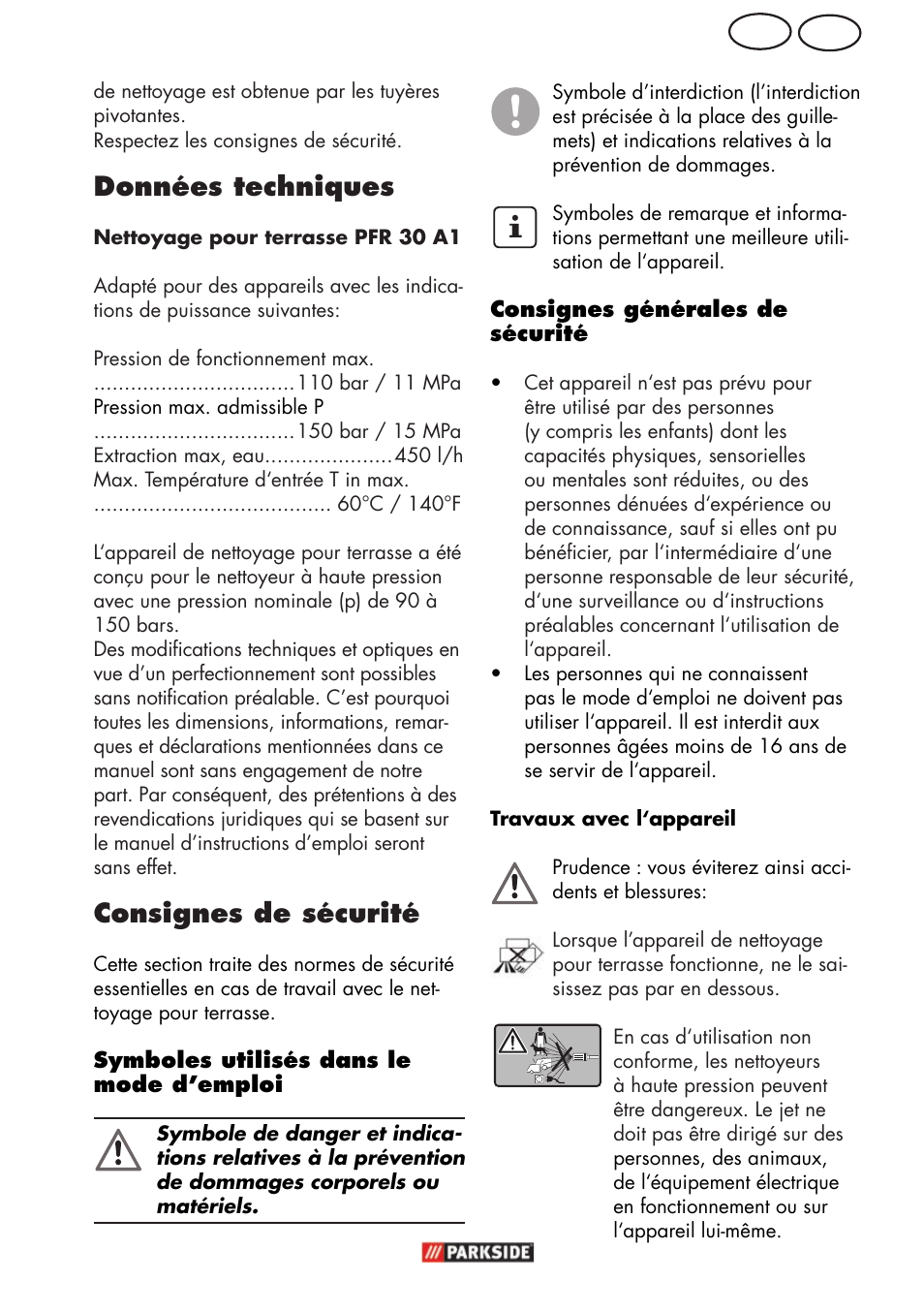Be fr, Données techniques, Consignes de sécurité | Parkside PFR 30 A1 User Manual | Page 21 / 42