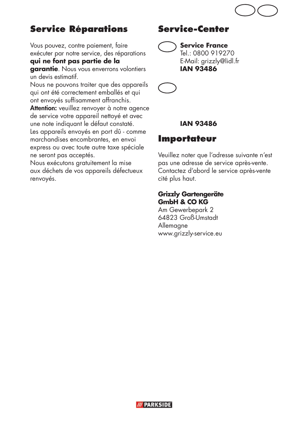 Be fr service réparations, Service-center, Importateur | Parkside PFR 30 A1 User Manual | Page 25 / 42