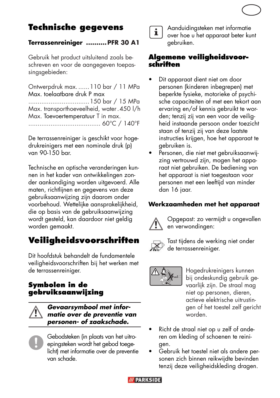 Technische gegevens, Veiligheidsvoorschriften | Parkside PFR 30 A1 User Manual | Page 27 / 42