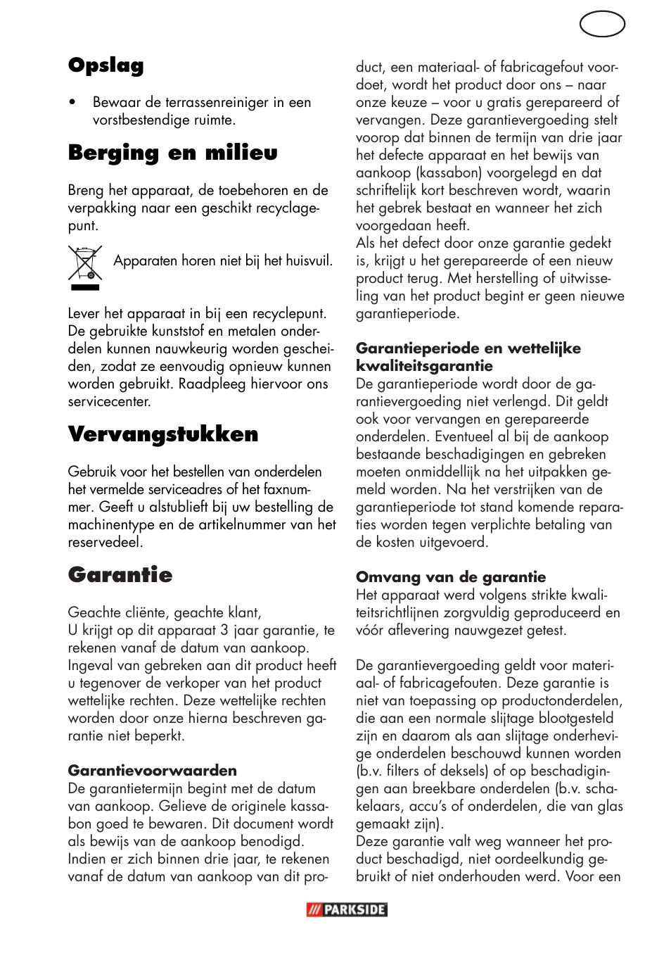 Berging en milieu, Vervangstukken, Garantie | Nl opslag | Parkside PFR 30 A1 User Manual | Page 29 / 42