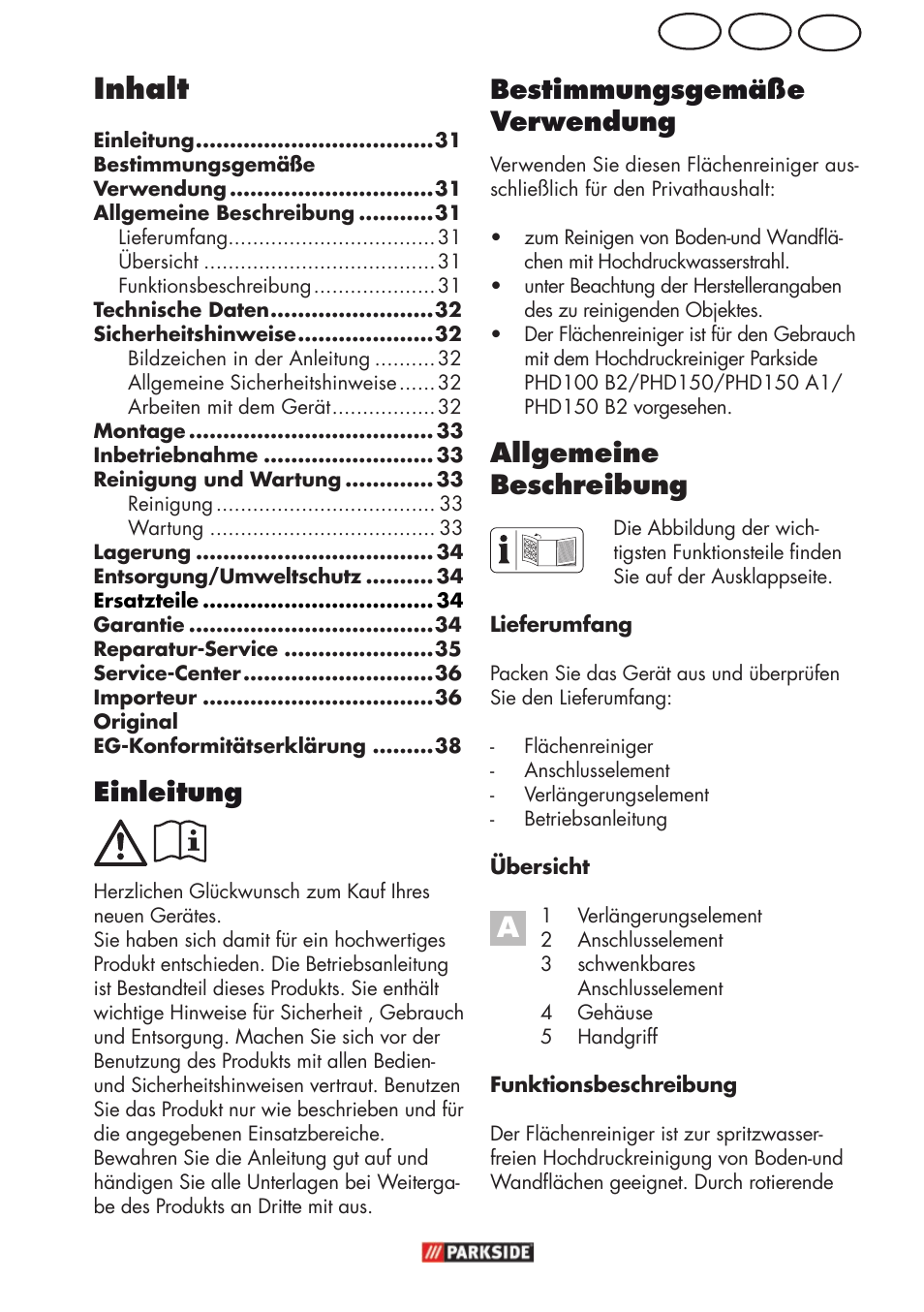 Inhalt, Ch at de bestimmungsgemäße verwendung, Allgemeine beschreibung | Einleitung | Parkside PFR 30 A1 User Manual | Page 31 / 42