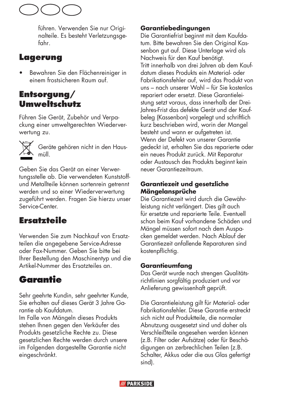 Garantie, Ch at de, Lagerung | Entsorgung/ umweltschutz, Ersatzteile | Parkside PFR 30 A1 User Manual | Page 34 / 42