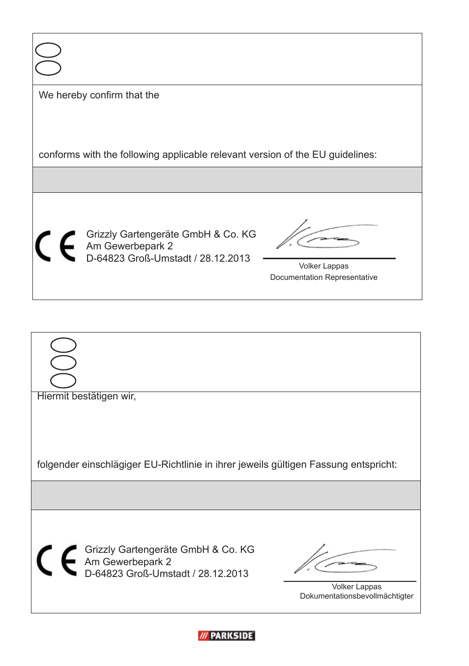 Original ce konformitätserklärung | Parkside PFR 30 A1 User Manual | Page 38 / 42