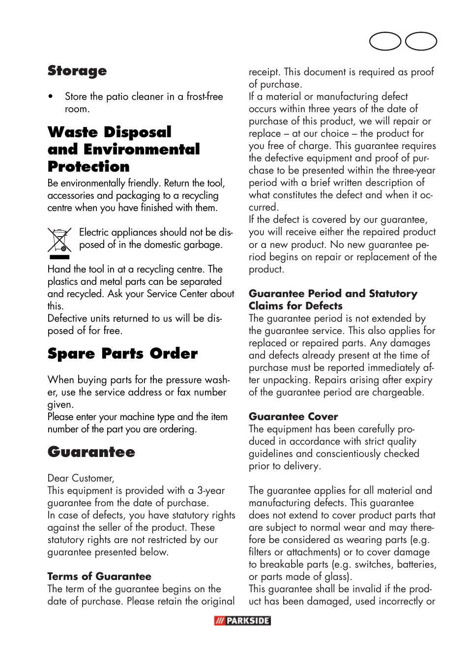 Waste disposal and environmental protection, Spare parts order, Guarantee | Ie gb storage | Parkside PFR 30 A1 User Manual | Page 7 / 42