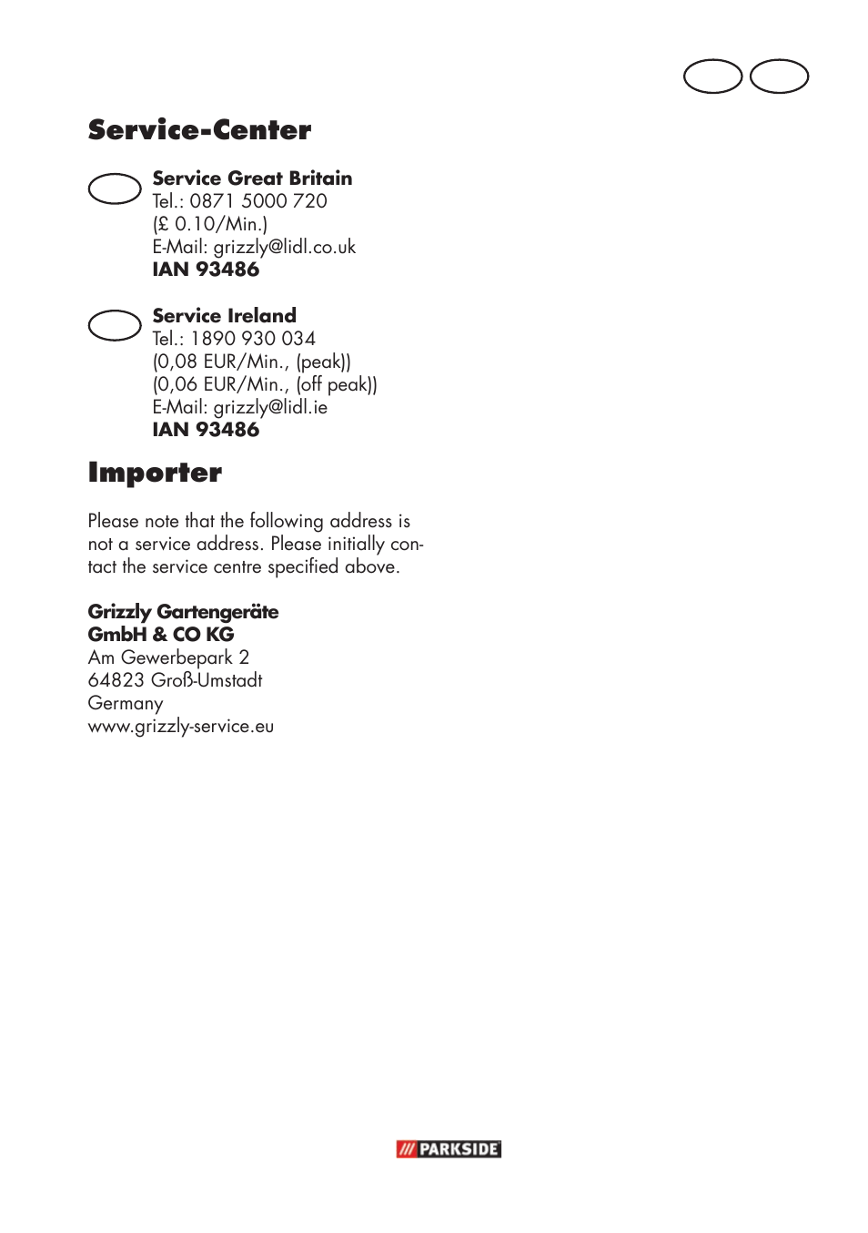 Service-center, Importer, Ie gb | Parkside PFR 30 A1 User Manual | Page 9 / 42