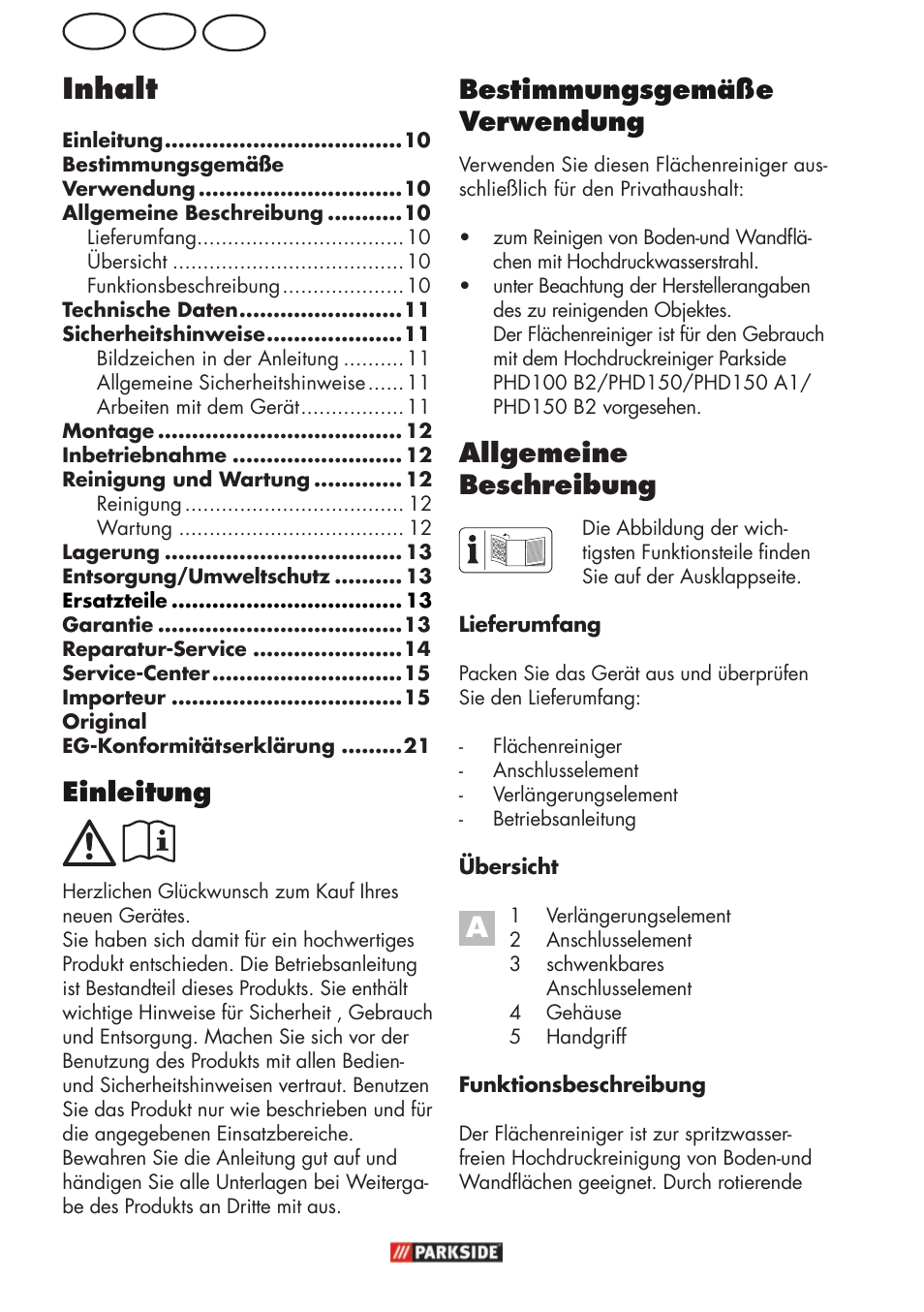 Inhalt, Ch at de bestimmungsgemäße verwendung, Allgemeine beschreibung | Einleitung | Parkside PFR 30 A1 User Manual | Page 10 / 26