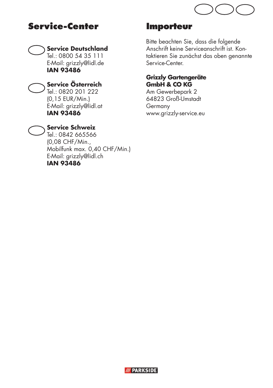Service-center, Importeur, Ch at de | Parkside PFR 30 A1 User Manual | Page 15 / 26