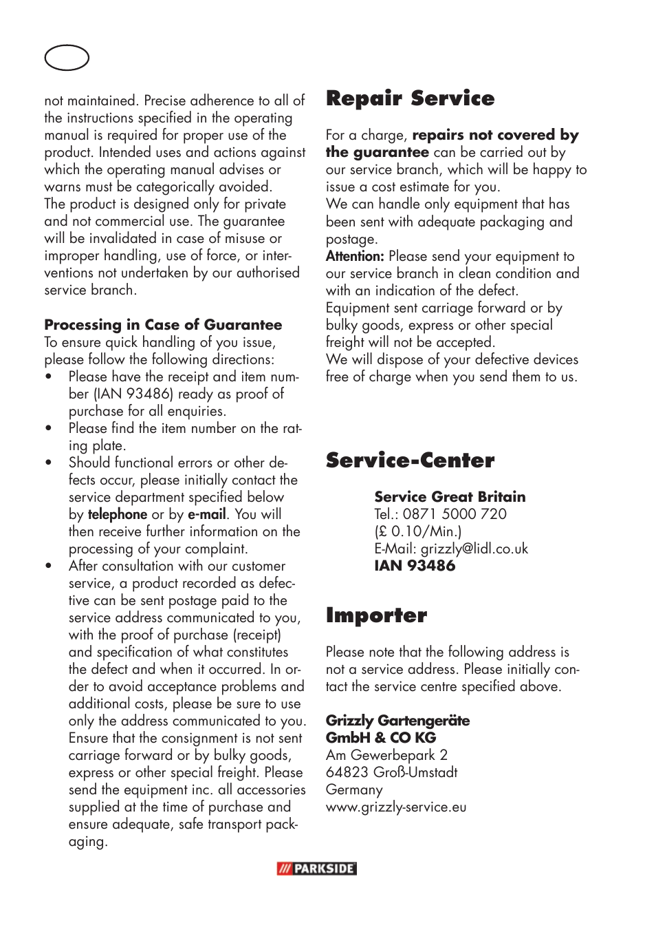 Service-center, Importer, Repair service | Parkside PFR 30 A1 User Manual | Page 20 / 26
